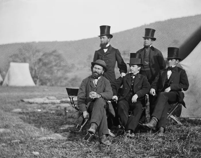 Framed Print : Major Allan Pinkerton, head of the Union spy agency called The Secret Service with four top hatted gentlemen, at Antietam, Oct. 3, 1862 Framed Print : Major Allan Pinkerton, head of the Union spy agency called The Secret Service with four top hatted gentlemen, at Antietam, Oct. 3, 1862