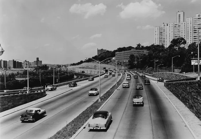 Framed Print : Major Deegan expressway seven miles outside New York City has six lanes to accommodate increasing suburban commuter traffic in 1957. LC-USZ62-125519