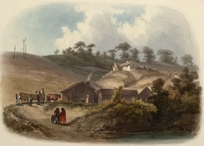 Framed Print : Major Dougherty's Indian Agency was encountered on the 23rd day of the Prince Maximilian's expedition up the Missouri River by steamboat