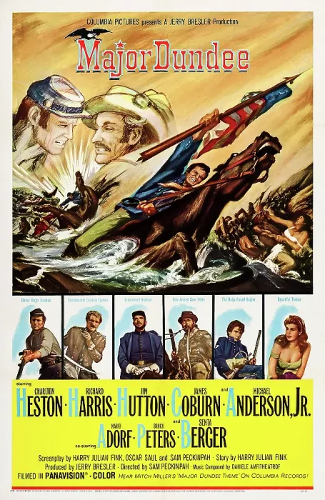 Framed Print : MAJOR DUNDEE, top from left: Charlton Heston, Richard Harris, bottom from left: Charlton Heston, Richard Harris, Jim Hutton, James Coburn, Michael Anderson Jr. Senta Berger, 1965