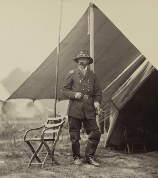 Framed Print : Major Gen. George Meade outside a camp tent, during the US Civil war, c. 1863-65