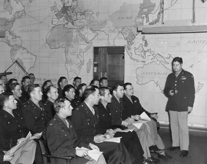 Framed Print : Major General Curtis Lemay leads a meeting of Commanders of the 3rd Bomb Division, 8th Air Force