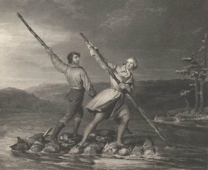 Framed Print : Major George Washington and frontiersman Christopher Gist cross the icy Allegheny River in Dec. 1763 Framed Print : Major George Washington and frontiersman Christopher Gist cross the icy Allegheny River in Dec. 1763