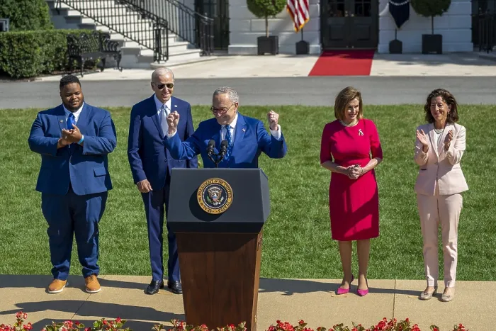Framed Print : Majority Leader Chuck Schumer speaks at the White House, Aug. 9, 2022, before President Joe Biden signs The CHIPS and Science Act of 2022