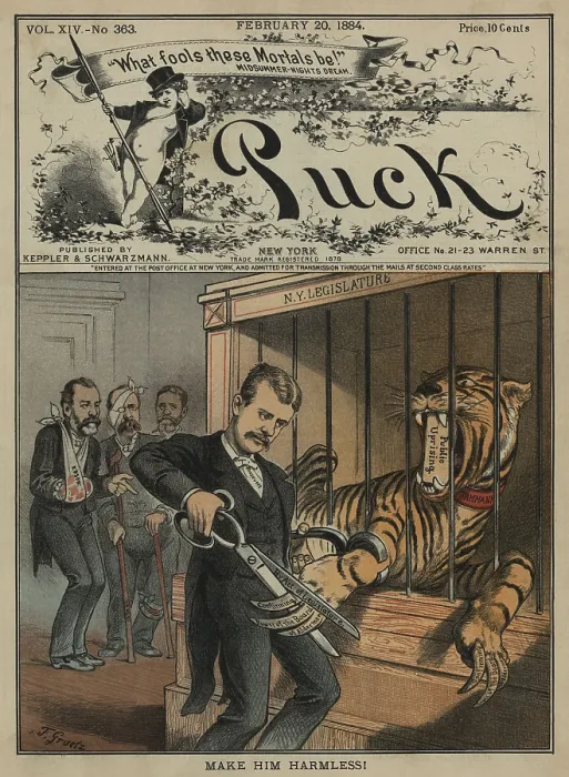 Framed Print : MAKE HIM HARMLESS! PUCK Magazine 1884 cover shows a youthful Theodore Roosevelt clipping the long claws the Tammany Tiger. The Tigers jar is locked by Public Uprising