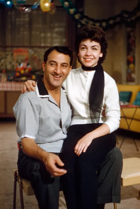 Framed Print : MAKE ROOM FOR DADDY, (aka THE DANNY THOMAS SHOW), from left: Danny Thomas, Annette Funicello, on set, (Season 6, 1958, producing an episode that aired in 1959), 1953-1965