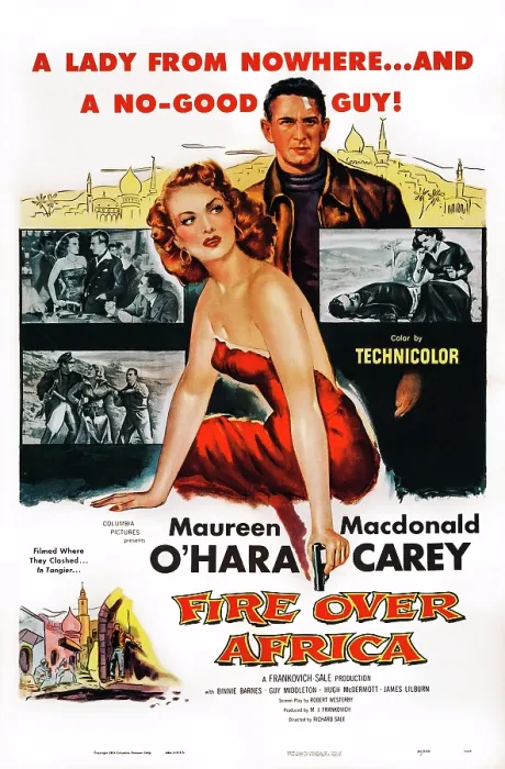 Framed Print : MALAGA, (aka FIRE OVER AFRICA), US poster art, from front: Maureen O'Hara, Macdonald Carey, 1954 Framed Print : MALAGA, (aka FIRE OVER AFRICA), US poster art, from front: Maureen O'Hara, Macdonald Carey, 1954