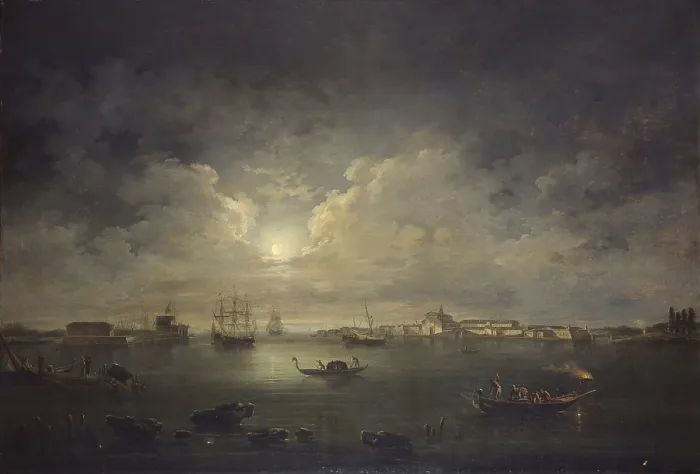Framed Print : Malamocco Harbor, by Francesco Fidanza, 1813, 19th Century, oil on canvas, 124 x 183 cm - Italy, Lombardy, Civic Gallery of Modern Art. Whole artwork view