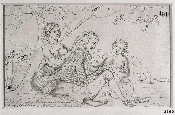 Framed Print : Malaspina Expedition.Vavao or Tonga Islands (1793). Two Indian women entertaining Malaspina. Pencil drawing by Juan Ravenet. Drawing. SPAIN. Madrid. America's Museum Framed Print : Malaspina Expedition.Vavao or Tonga Islands (1793). Two Indian women entertaining Malaspina. Pencil drawing by Juan Ravenet. Drawing. SPAIN. Madrid. America's Museum