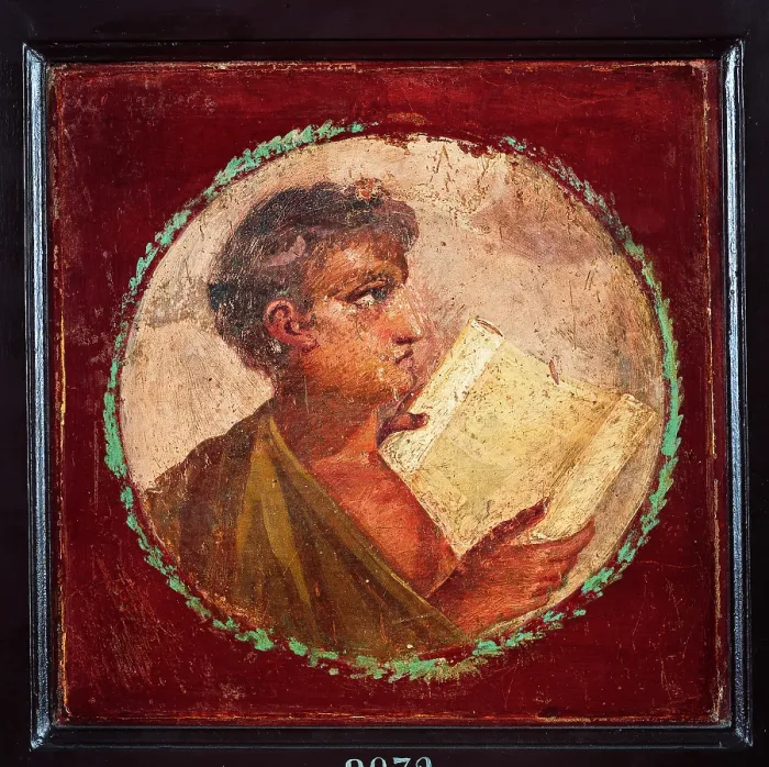 Framed Print : Male Bust, by unknown artist, 55-79, 1st Century A.D. ripped fresco, 28 x 22 cm - Italy, Campania, Naples, National Archaeological Museum, Room LXXVIII, inv. 9072