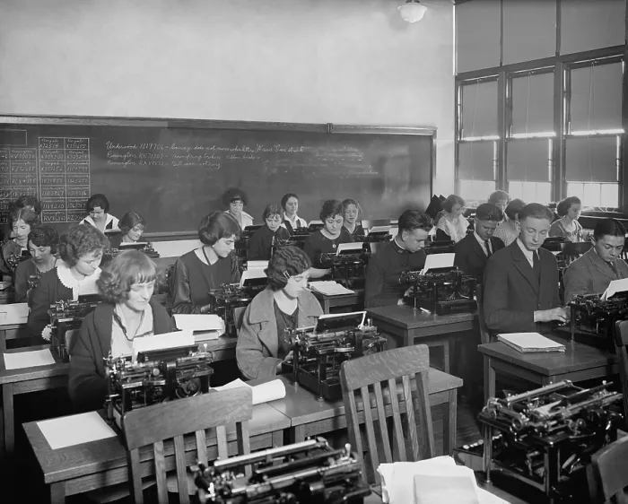 Framed Print : Male and female high school typing class in Washington, D.C. 1915-1920. Typing was an important job skill for work in government offices (BSLOC_2018_3_92) Framed Print : Male and female high school typing class in Washington, D.C. 1915-1920. Typing was an important job skill for work in government offices (BSLOC_2018_3_92)