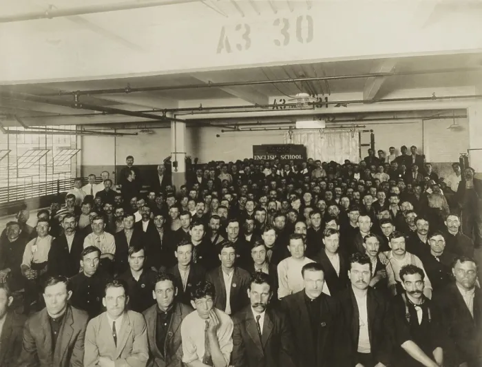 Framed Print : Male immigrants in English class in Ford Motor Co. Factory, circa 1909-20. The class was given by the Training Service, U.S