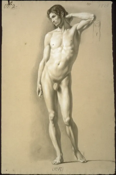 Framed Print : Male Nude Standing (nudo virile in piedi), by Carlo Picozzi, 1820, 19th Century, charcoal and white lead on paper - Italy, Lombardy, Milan, Brera Accademy of Fine Arts