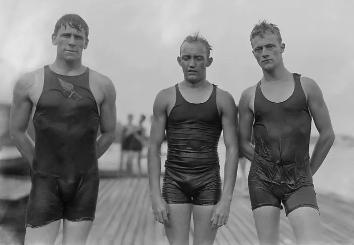 Framed Print : Top male swimmers in the New York Athletic Club meet at Travers Island, August 23, 1913. The top three swimmers in the 100 yard race were, L-R: Rex Cropsey, 2nd place; H Framed Print : Top male swimmers in the New York Athletic Club meet at Travers Island, August 23, 1913. The top three swimmers in the 100 yard race were, L-R: Rex Cropsey, 2nd place; H