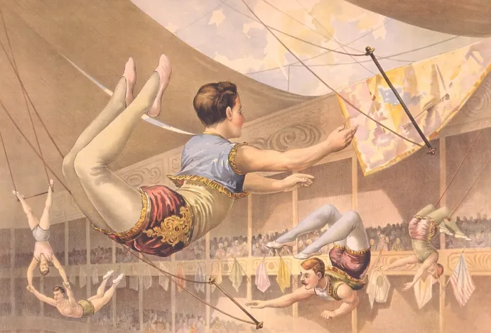 Framed Print : Five male trapeze artists performing high above the audience, in a large circus tent, 1890 Framed Print : Five male trapeze artists performing high above the audience, in a large circus tent, 1890