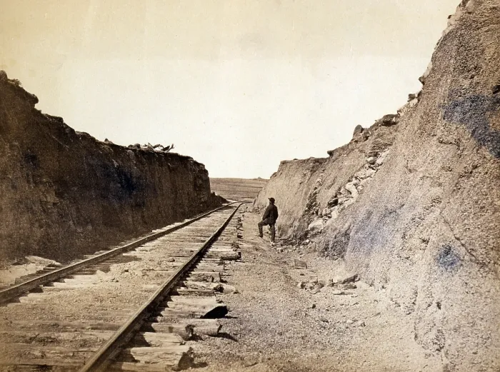 Framed Print : Malloy's cut - Central Pacific railroad tracks at Malloy's cut in the Laramie Mountains. Sherman Station, Laramie Range. Albumen print, photo by Andrew J. Russell, 1868