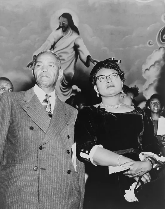 Framed Print : Mamie Bradley, mother of Emmett Till, and her father, John Carthan, attending a rally in New York City church. Her son's murder aroused international outrage