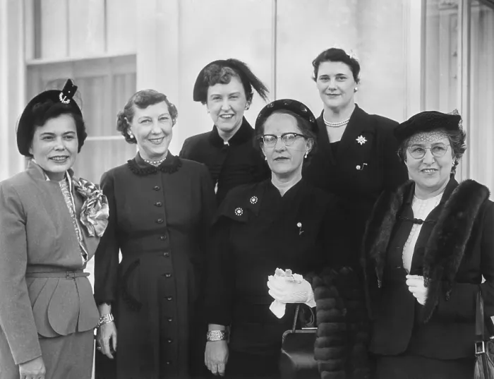 Framed Print : Mamie Eisenhower members of the D.C. Star Federation of Business and Professional Women. Front row, L-R: Miss Clara Landstreet, First Lady, Mrs. E. Hemsley, Mrs. L. O'Neil