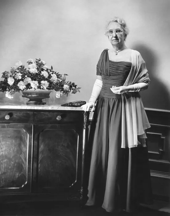 Framed Print : Mamie Eisenhower's mother, Mrs. Elivera Doud, in the gown she will wear to the 1957 Inaugural Ball. Jan. 19, 1957. - (BSLOC_2014_16_45)