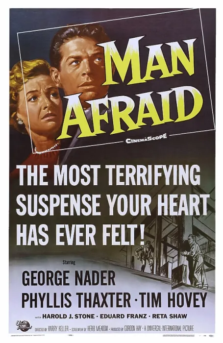 Framed Print : MAN AFRAID, US poster art, from left: Phyllis Thaxter, George Nader, 1957 Framed Print : MAN AFRAID, US poster art, from left: Phyllis Thaxter, George Nader, 1957