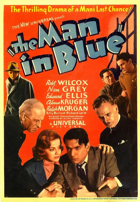 Framed Print : MAN IN BLUE, bottom from left: Edward Ellis, Nan Grey, Robert Wilcox, Ralph Morgan on midget window card, 1937 Framed Print : MAN IN BLUE, bottom from left: Edward Ellis, Nan Grey, Robert Wilcox, Ralph Morgan on midget window card, 1937