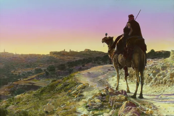 Framed Print : Man on a camel and horizon, Bethlehem, Juda, and Blue Galilee, hand colored photograph, 1925-1946 Framed Print : Man on a camel and horizon, Bethlehem, Juda, and Blue Galilee, hand colored photograph, 1925-1946
