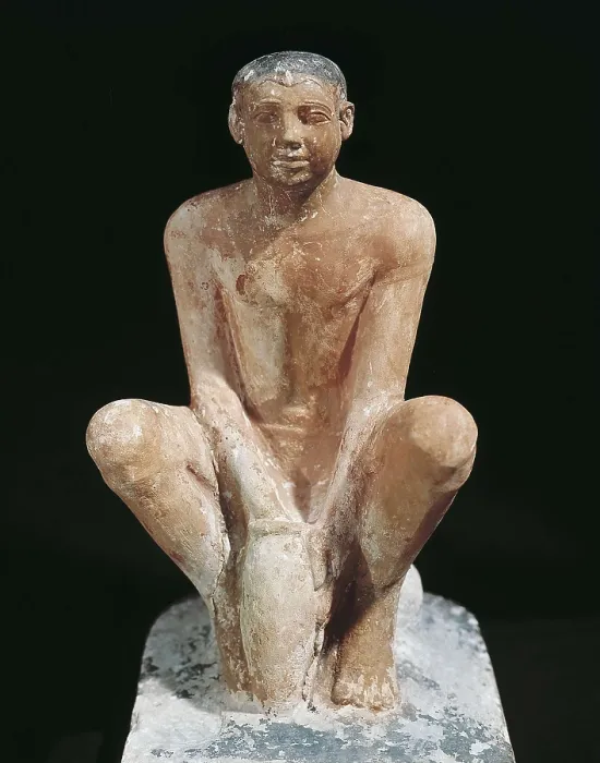 Framed Print : Man coating a jar with clay. ca. 2465 BC. Man coating a jar with clay. Work of the 5th Dynasty from the Old Kingdom. Egyptian art. Old Kingdom. Sculpture on rock. EGYPT. Cairo