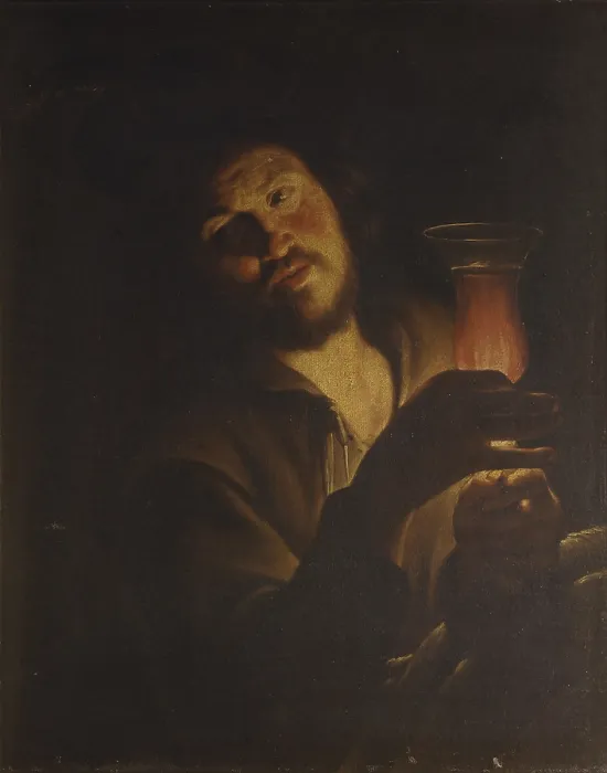 Framed Print : Man with glass and candle, Attributed to Gherardo Delle Notti or Trophine Bigot, 17th century, oil on canvas. - Italy, Lombardy, Milan, Brera Collection. Whole artwork view Framed Print : Man with glass and candle, Attributed to Gherardo Delle Notti or Trophine Bigot, 17th century, oil on canvas. - Italy, Lombardy, Milan, Brera Collection. Whole artwork view