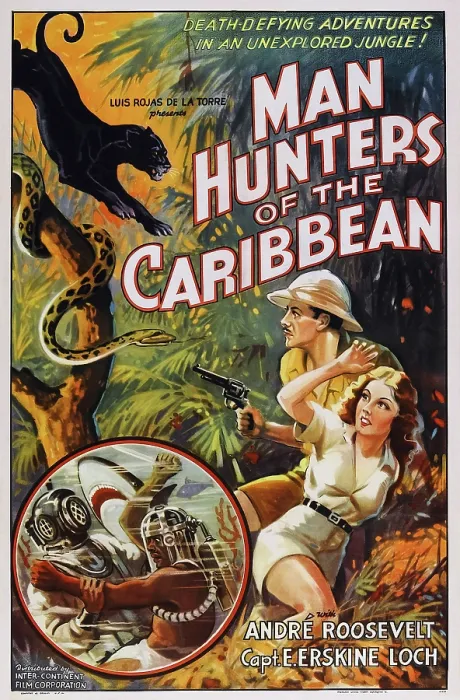 Framed Print : MAN HUNTERS OF THE CARIBBEAN, (aka BEYOND THE CARIBBEAN), US poster, from left: Andre Roosevelt, Carol Jeffries, 1936 Framed Print : MAN HUNTERS OF THE CARIBBEAN, (aka BEYOND THE CARIBBEAN), US poster, from left: Andre Roosevelt, Carol Jeffries, 1936