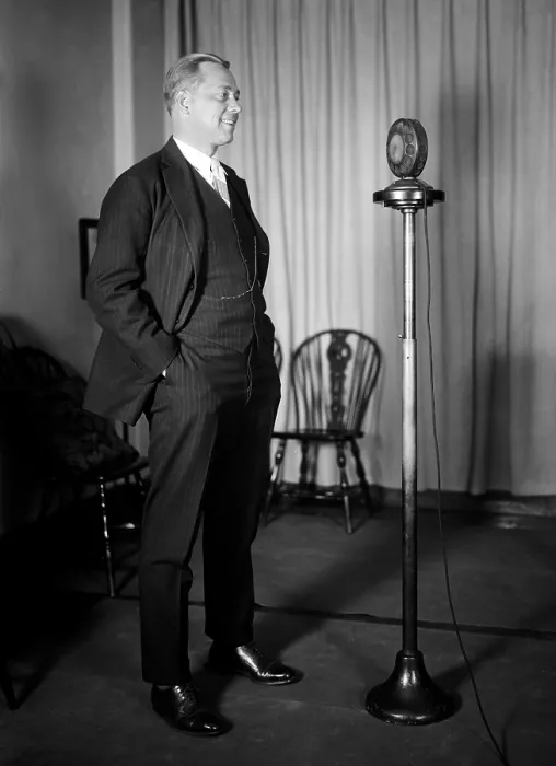 Framed Print : Man with microphone, circa 1920s