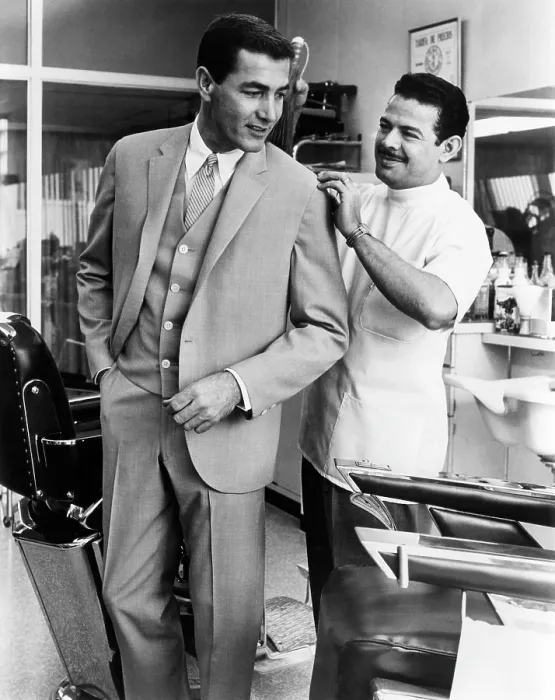Framed Print : A man models a suit designed by Andrew Pallack, circa 1962. Courtesy: CSU Archives / Everett Collection