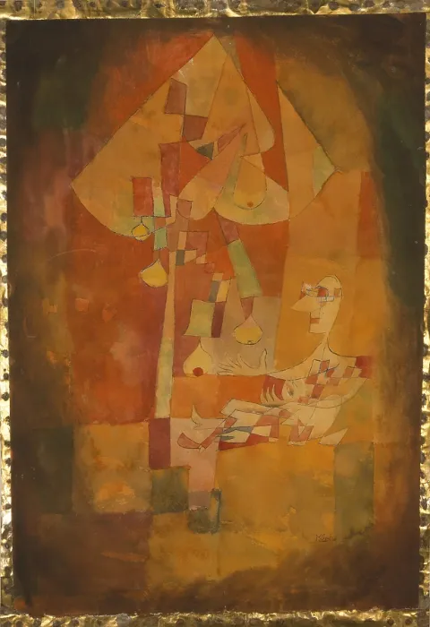 Framed Print : THE MAN UNDER THE PEAR TREE by Paul Klee, 1921, Swiss watercolor painting. Painted in tones of orange, large and small shapes of color create the Cubist image (BSLOC_2017_7_35) Framed Print : THE MAN UNDER THE PEAR TREE by Paul Klee, 1921, Swiss watercolor painting. Painted in tones of orange, large and small shapes of color create the Cubist image (BSLOC_2017_7_35)