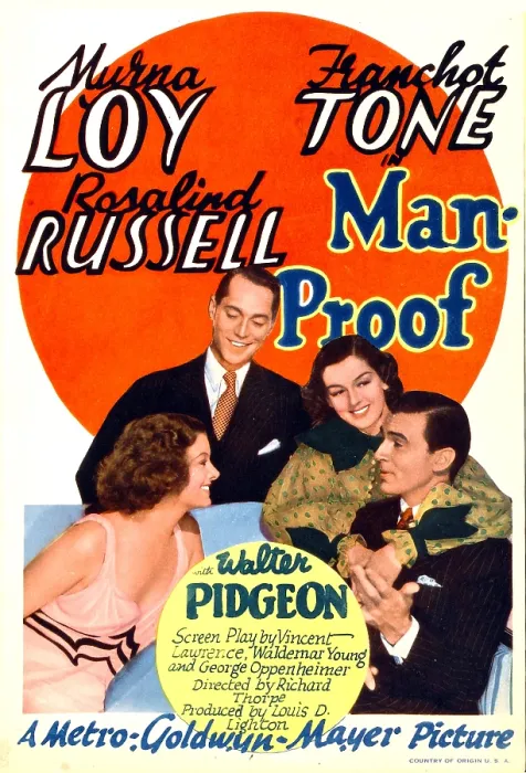Framed Print : MAN-PROOF, from left: Myrna Loy, Franchot Tone, Rosalind Russell, Walter Pidgeon on midget window card, 1938
