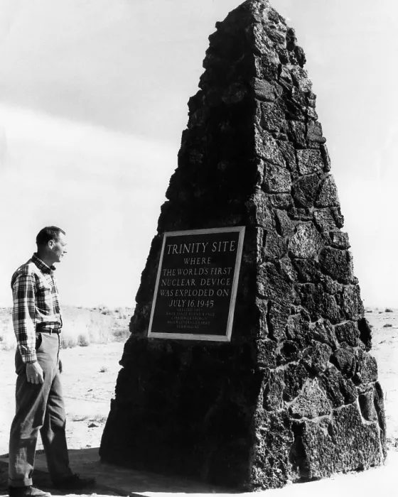 Framed Print : A man reading the plaque on a monument at The Trinity Site, where the first atomic explosion took place, Socorro, New Mexico, 1965.. Courtesy: CSU Archives  /  Everett Collection