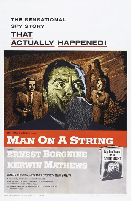 Framed Print : MAN ON A STRING, l-r: Kerwin Mathews, Ernest Borgnine, Colleen Dewhurst on poster art, 1960