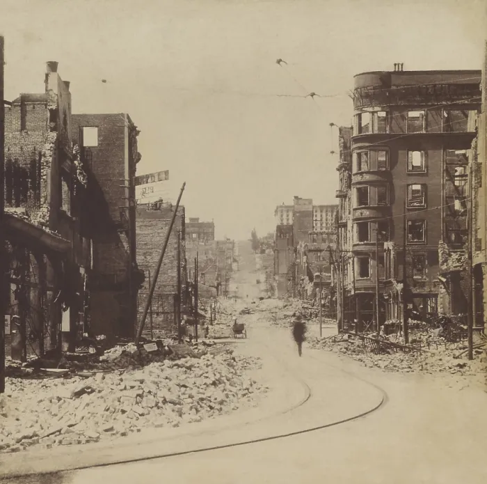Framed Print : A man walks on Mason St. after the April 18, 1906, San Francisco earthquake and fire. The photo taken from Market St