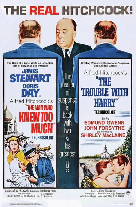 Framed Print : THE MAN WHO KNEW TOO MUCH (on double bill poster with THE TROUBLE WITH HARRY), top: Alfred Hitchcock, bottom l-r: Doris Day, Daniel Gelin, James Stewart, Edmund Gwenn