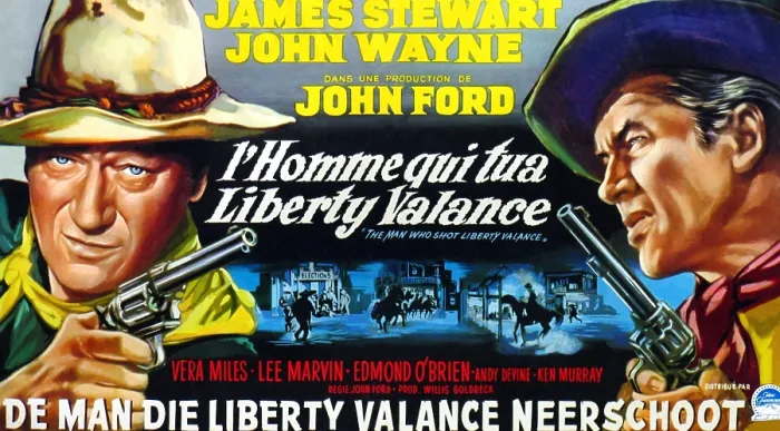 Framed Print : THE MAN WHO SHOT LIBERTY VALANCE, (aka L'HOMME QUI TUA LIBERTY VALANCE), l-r: John Wayne, James Stewart on Belgian poster art, 1962 Framed Print : THE MAN WHO SHOT LIBERTY VALANCE, (aka L'HOMME QUI TUA LIBERTY VALANCE), l-r: John Wayne, James Stewart on Belgian poster art, 1962