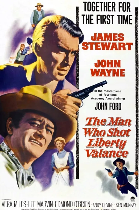 Framed Print : THE MAN WHO SHOT LIBERTY VALANCE, from top: Andy Devine, James Stewart, John Wayne, Vera Miles, bottom right: Lee Marvin, 1962, poster art