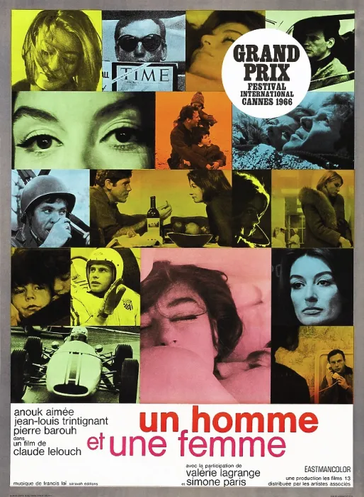 Framed Print : A MAN AND A WOMAN, (aka UN HOMME ET UNE FEMME), Anouk Aimee, Pierre Barouh (third down from top), Jean-Louis Trintignant (bottom right), 1966