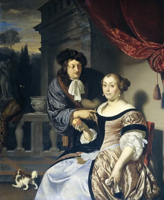 Framed Print : A Man and a Woman, by Frans van Mieris (I), 1678, Dutch painting, oil on panel. On a terrace man gazes at and gently touches a seated women's shoulder Framed Print : A Man and a Woman, by Frans van Mieris (I), 1678, Dutch painting, oil on panel. On a terrace man gazes at and gently touches a seated women's shoulder