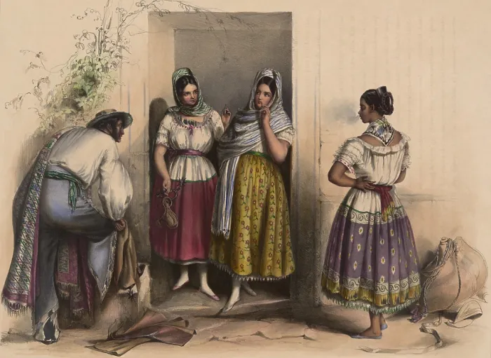 Framed Print : A man and three women in Puebla, Mexico, relax and smoke in a door way, ca. 1830 (BSLOC_2020_1_2)