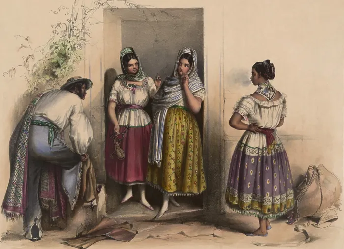 Framed Print : A man and three women from Puebla, Mexico, relaxing and smoking in the door way of a building. Ca. 1830 Framed Print : A man and three women from Puebla, Mexico, relaxing and smoking in the door way of a building. Ca. 1830