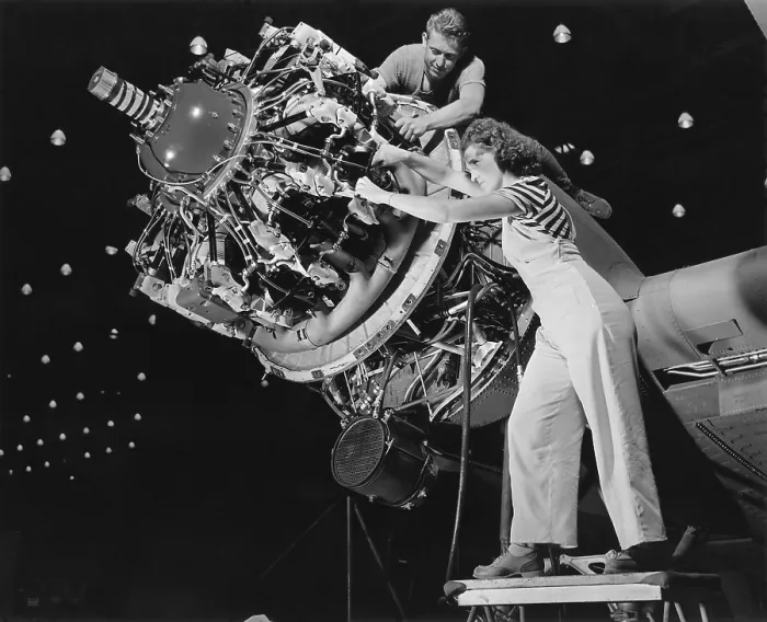 Framed Print : Man and women working together at Douglas aircraft plant Long Beach California ca. 1942