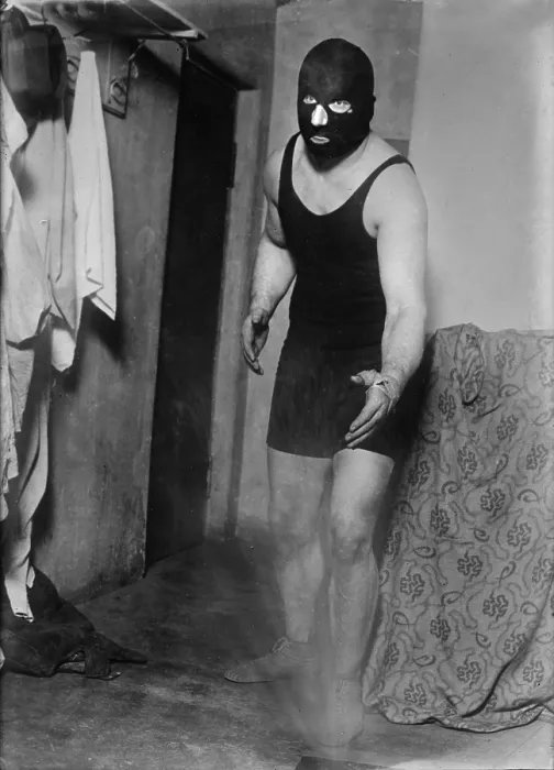 Framed Print : Man in wrestling mask, circa 1940s