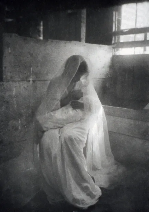 Framed Print : The Manger, by Gertrude Kasebier, shows a woman as the Virgin Mary posed as though breast feeding the baby Jesus, circa 1900 Framed Print : The Manger, by Gertrude Kasebier, shows a woman as the Virgin Mary posed as though breast feeding the baby Jesus, circa 1900