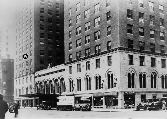 Framed Print : Manhattan's Park Central Hotel with A marking where Arnold Rothstein was shot on Nov. 8 1928 and B marking wher e revolver found Framed Print : Manhattan's Park Central Hotel with A marking where Arnold Rothstein was shot on Nov. 8 1928 and B marking wher e revolver found