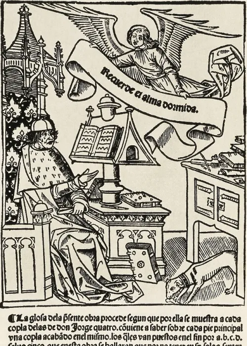 Framed Print : MANRIQUE, Jorge (1440-1479). Picture of the cover of 'Coplas de Don Jorge Manrique, hechas a la muerte de su padre Don Rodrigo Manrique'. Xylography