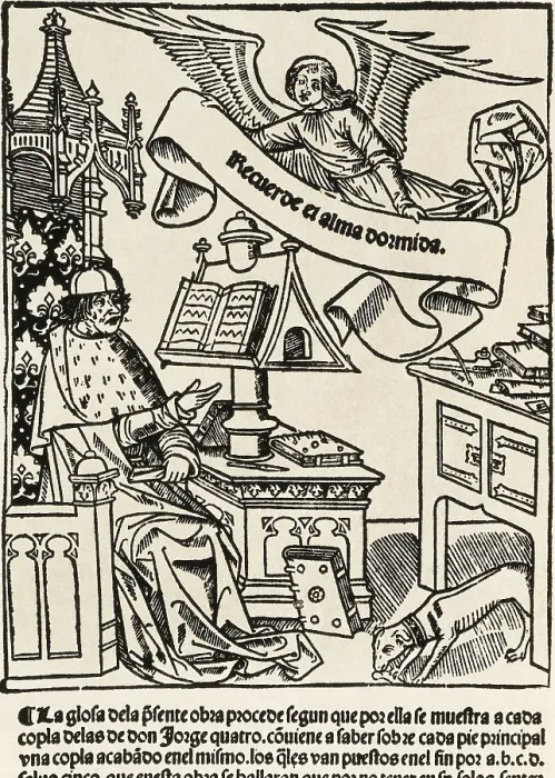Framed Print : MANRIQUE, Jorge (1440-1479). Spanish poet. Picture of the cover of 'Coplas de Don Jorge Manrique, hechas a la muerte de su padre Don Rodrigo Manrique'. Xylography Framed Print : MANRIQUE, Jorge (1440-1479). Spanish poet. Picture of the cover of 'Coplas de Don Jorge Manrique, hechas a la muerte de su padre Don Rodrigo Manrique'. Xylography