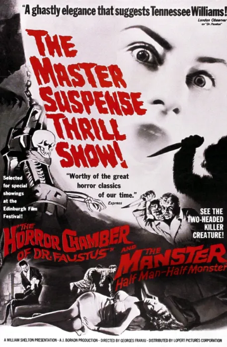Framed Print : THE MANSTER, (aka THE SPLIT), on double bill poster with THE HORROR CHAMBER OF DR. FAUSTUS, 1962 Framed Print : THE MANSTER, (aka THE SPLIT), on double bill poster with THE HORROR CHAMBER OF DR. FAUSTUS, 1962